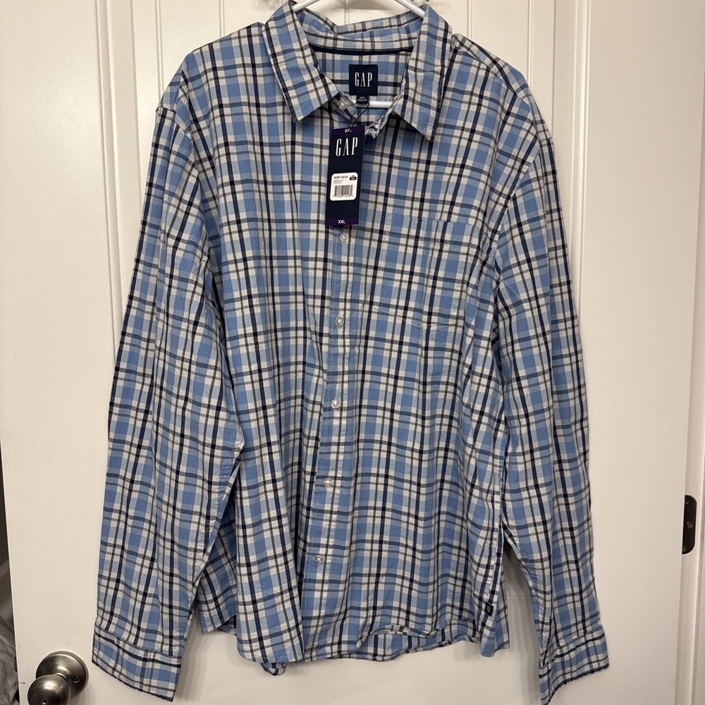 NWT $49 Gap Mens Long Sleeves Poplin Button Up Stretch Plaid Shirt Size XXL 2XL